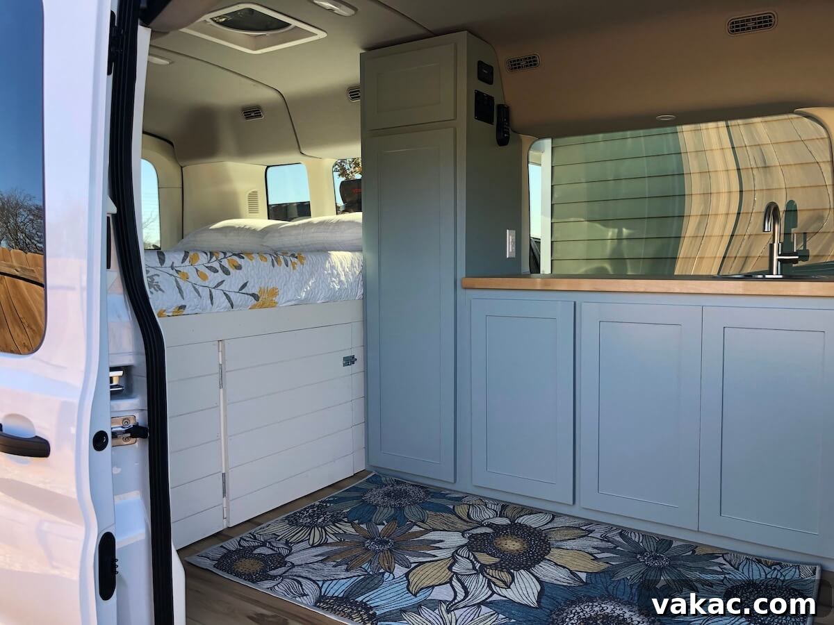 Recipes and Real Life 4 A beautifully renovated cargo van interior, featuring a cozy bed with ample storage beneath, stylish blue cabinets, a practical sink, and a charming blue rug adorned with a floral pattern.