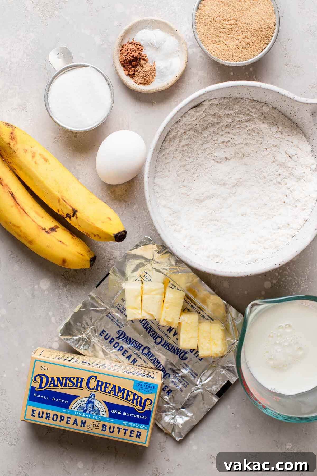 Sweet Banana Bites 3 An overhead view of the ingredients needed to make a banana cupcake recipe.