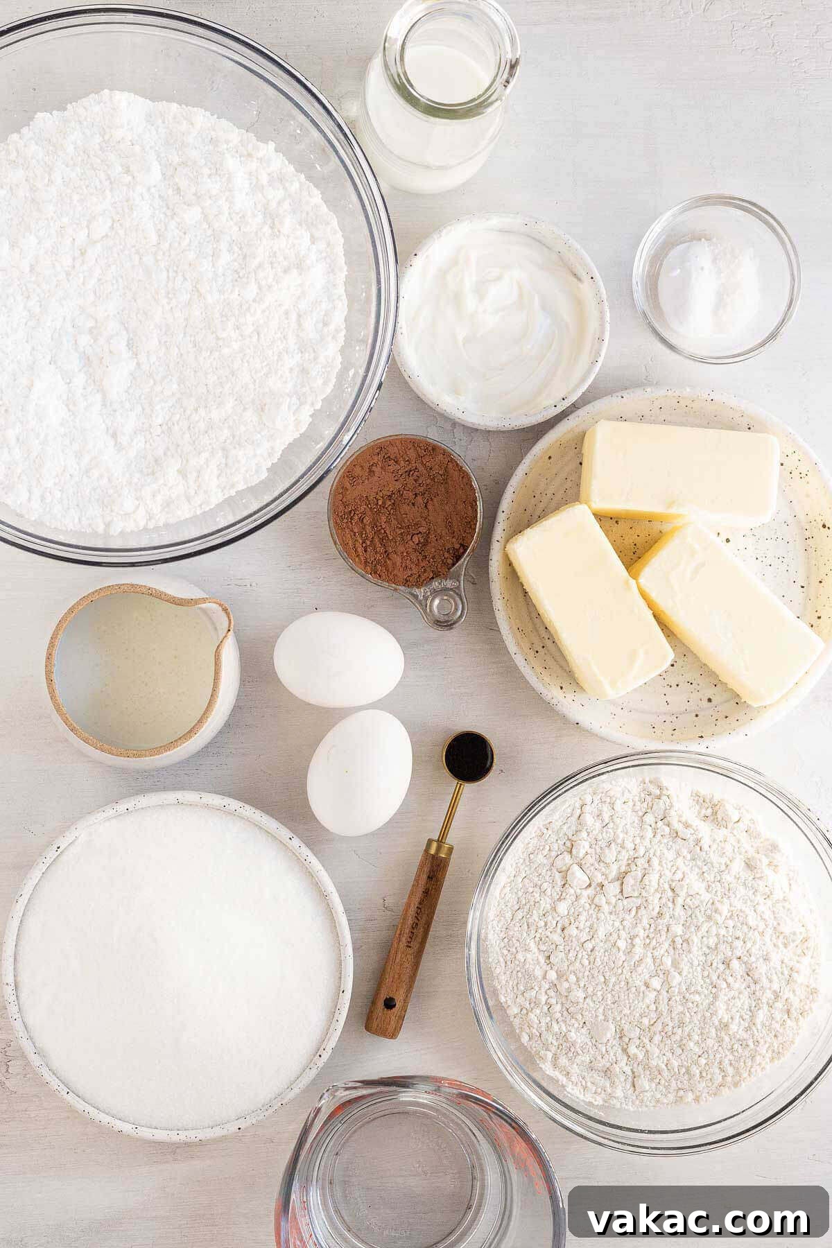 Ultimate Texas Sheet Cake 3 An overhead view of the key ingredients laid out for making a chocolate sheet cake, including cubes of butter, cocoa powder, flour, sugar, eggs, buttermilk, and sour cream, ready for preparation.