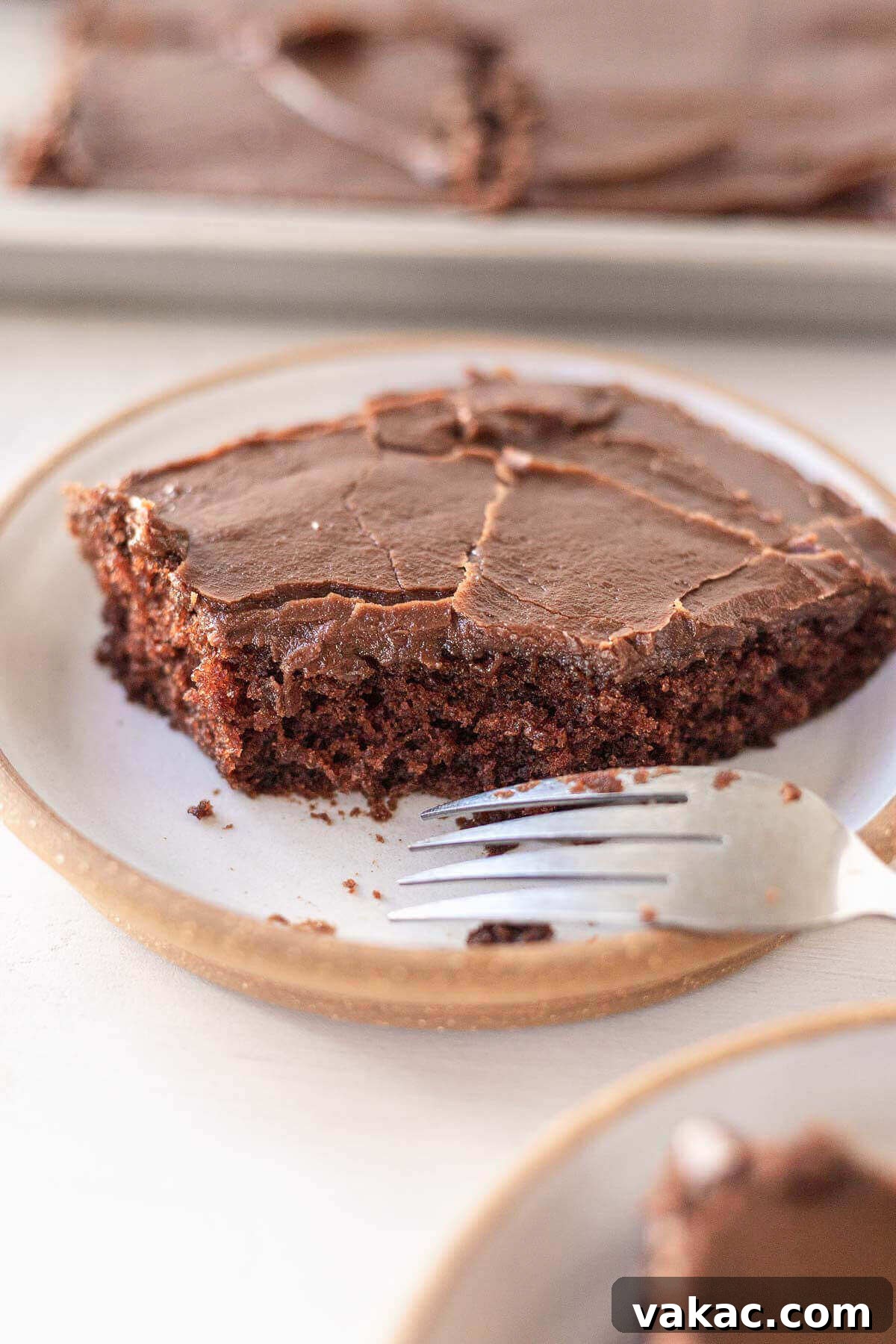 Ultimate Texas Sheet Cake 9 A front view of a piece of Texas chocolate sheet cake with a bite missing, resting on a small white plate, highlighting the rich dark cake and thick, glossy frosting.