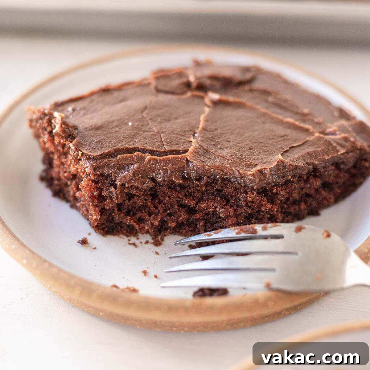 A slice of Texas sheet cake on a white speckled plate. A bite has been taken out of the slice and a fork rests on the side of the plate.