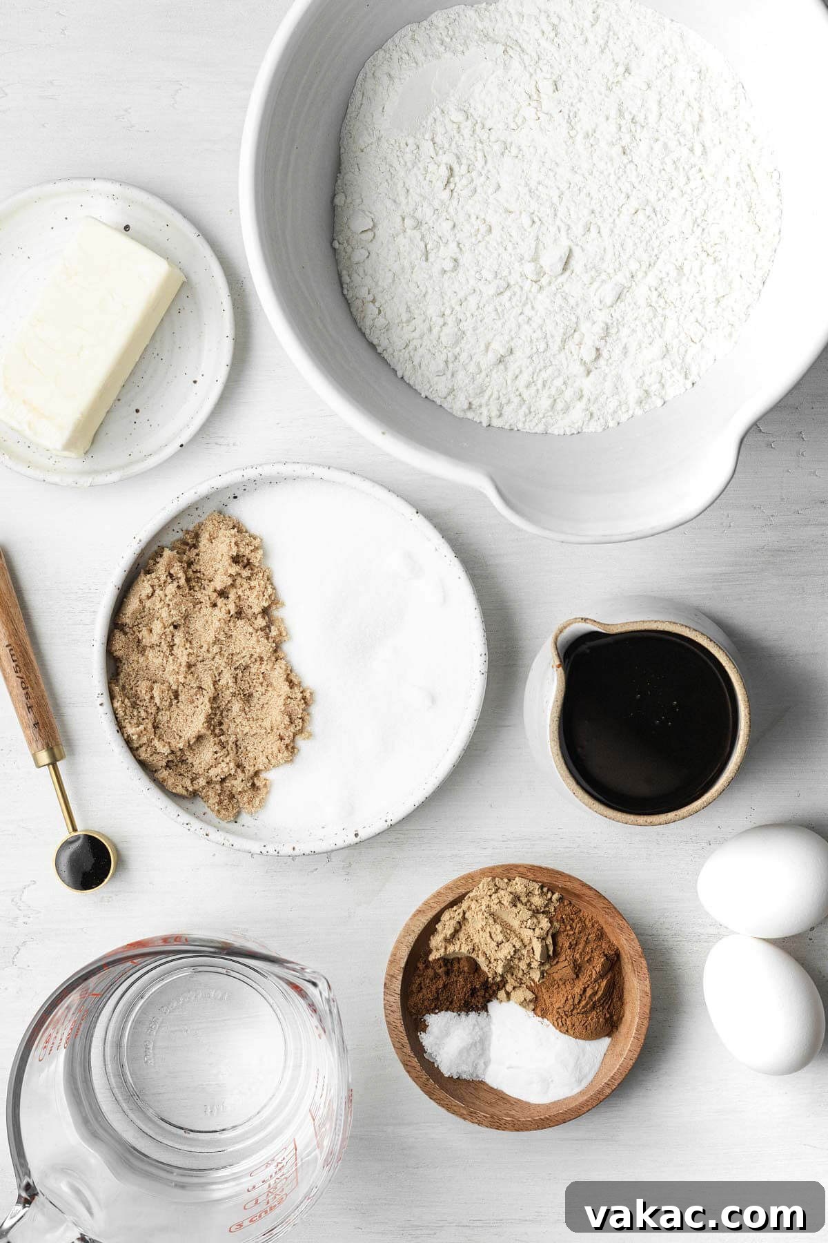 Overhead view of the ingredients needed to make a spiced molasses cake, neatly arranged on a white surface.