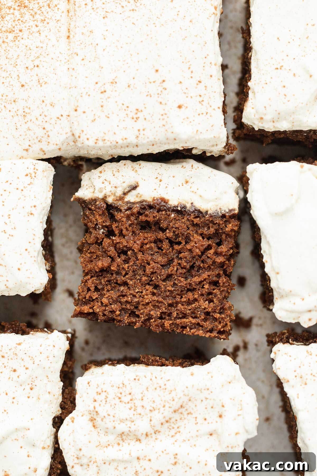 An overhead view of slices of gingerbread cake. One slice is turned on its side, showing the moist texture.