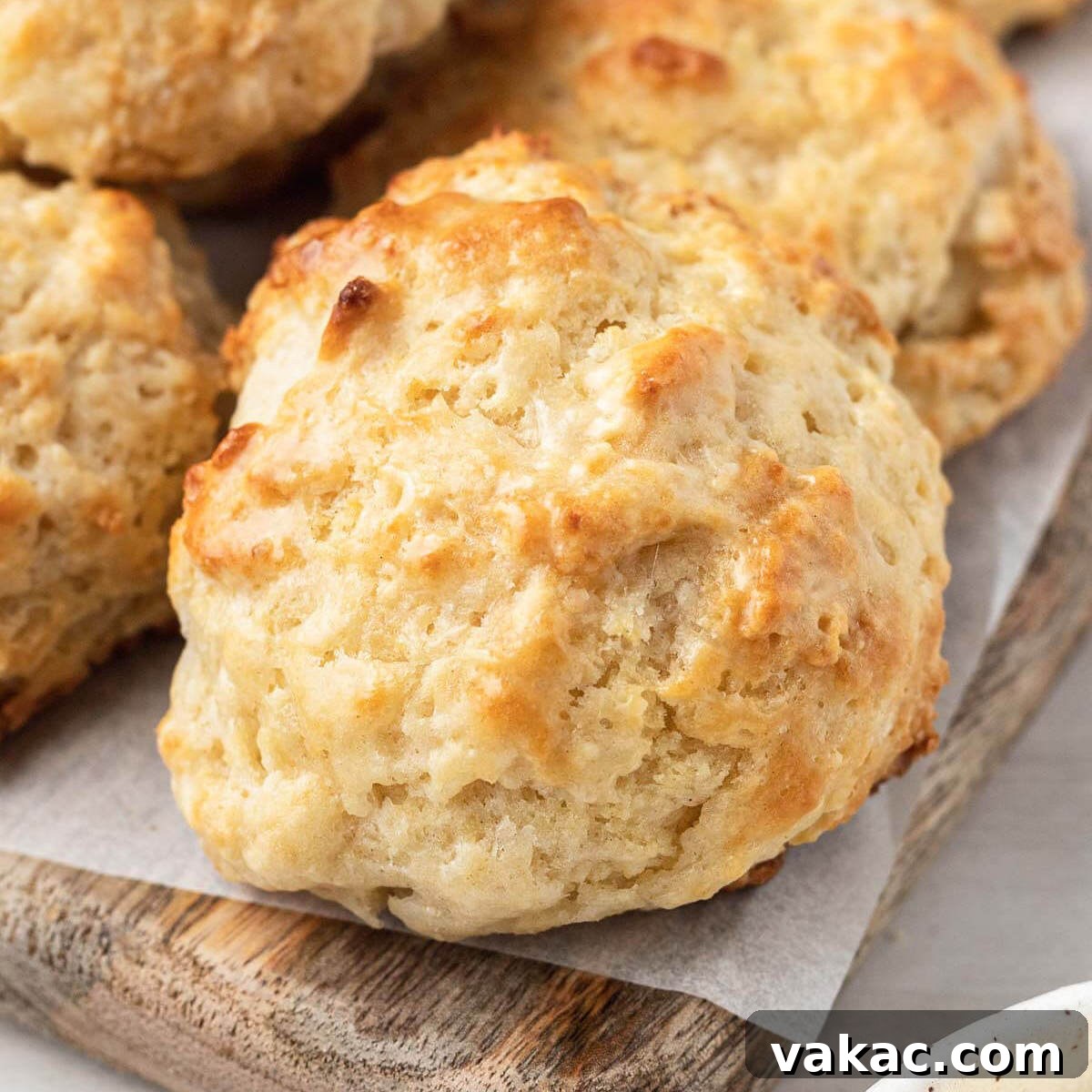 Several golden-brown drop biscuits on a wooden cutting board with parchment paper, fresh from the oven.