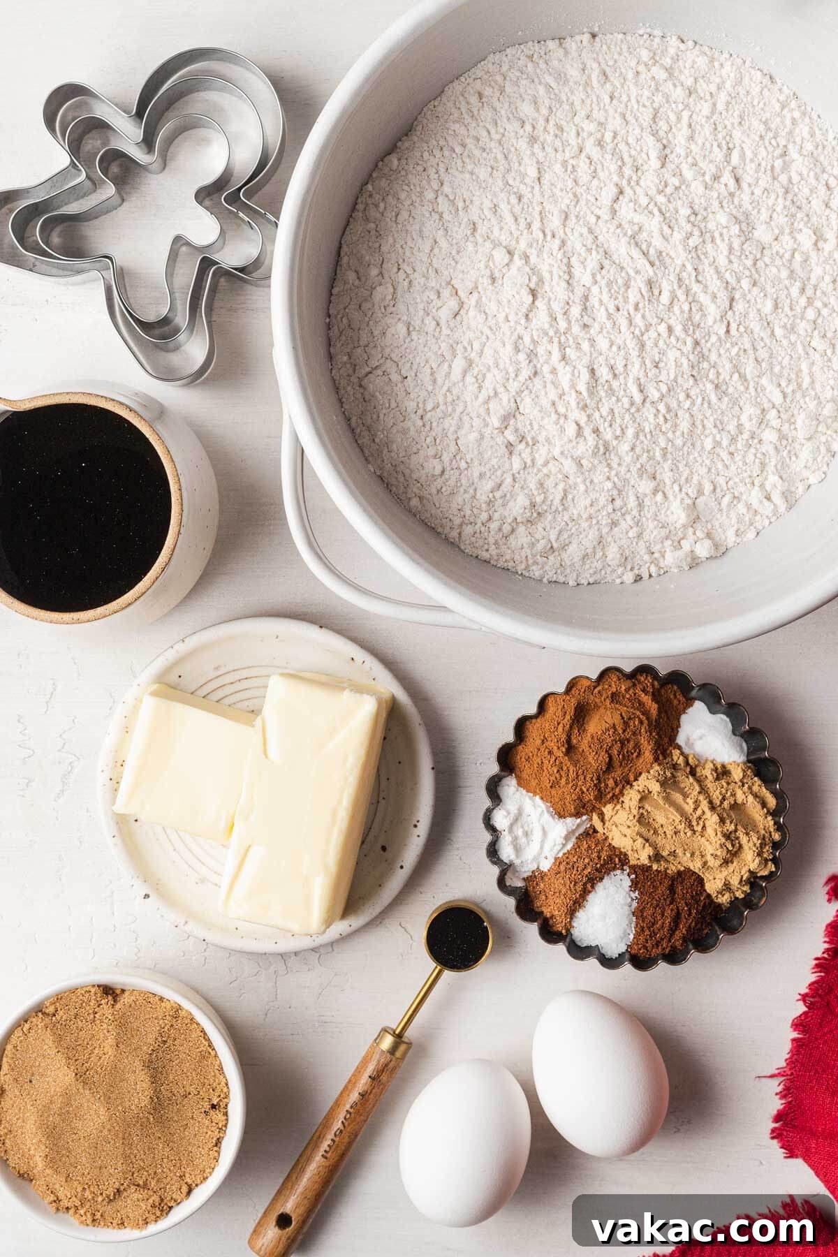 Irresistibly Soft Gingerbread 3 An overhead view of the ingredients needed to make gingerbread cutout cookies.