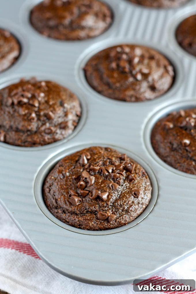 Luscious Light Double Chocolate Muffins 3 Healthy double chocolate chip muffins showcased beautifully in a muffin tin.