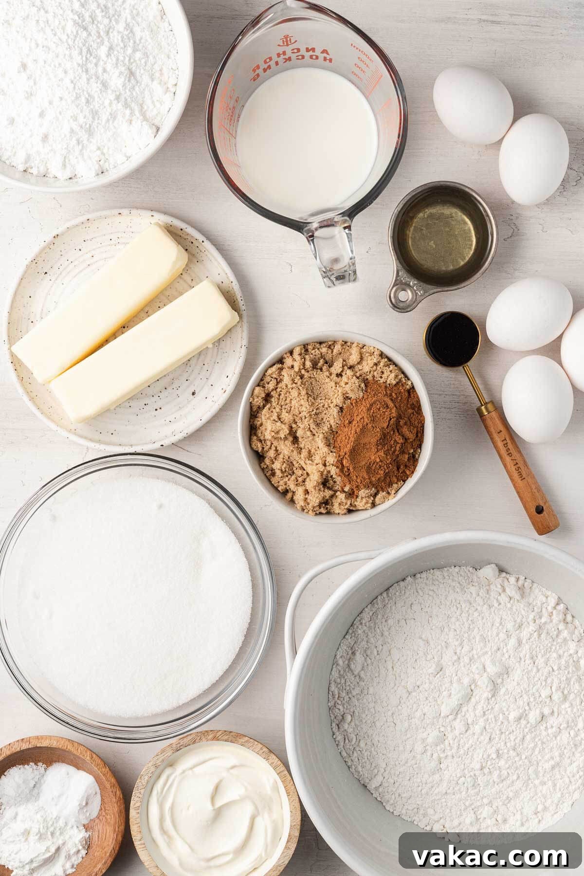 Cinnamon Swirl Honey Bun Delight 3 An overhead view of the ingredients for a honey bun cake recipe from scratch.