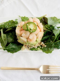 Brown Rice and Avocado Shrimp Stack with Tangy Asian Kale Salad