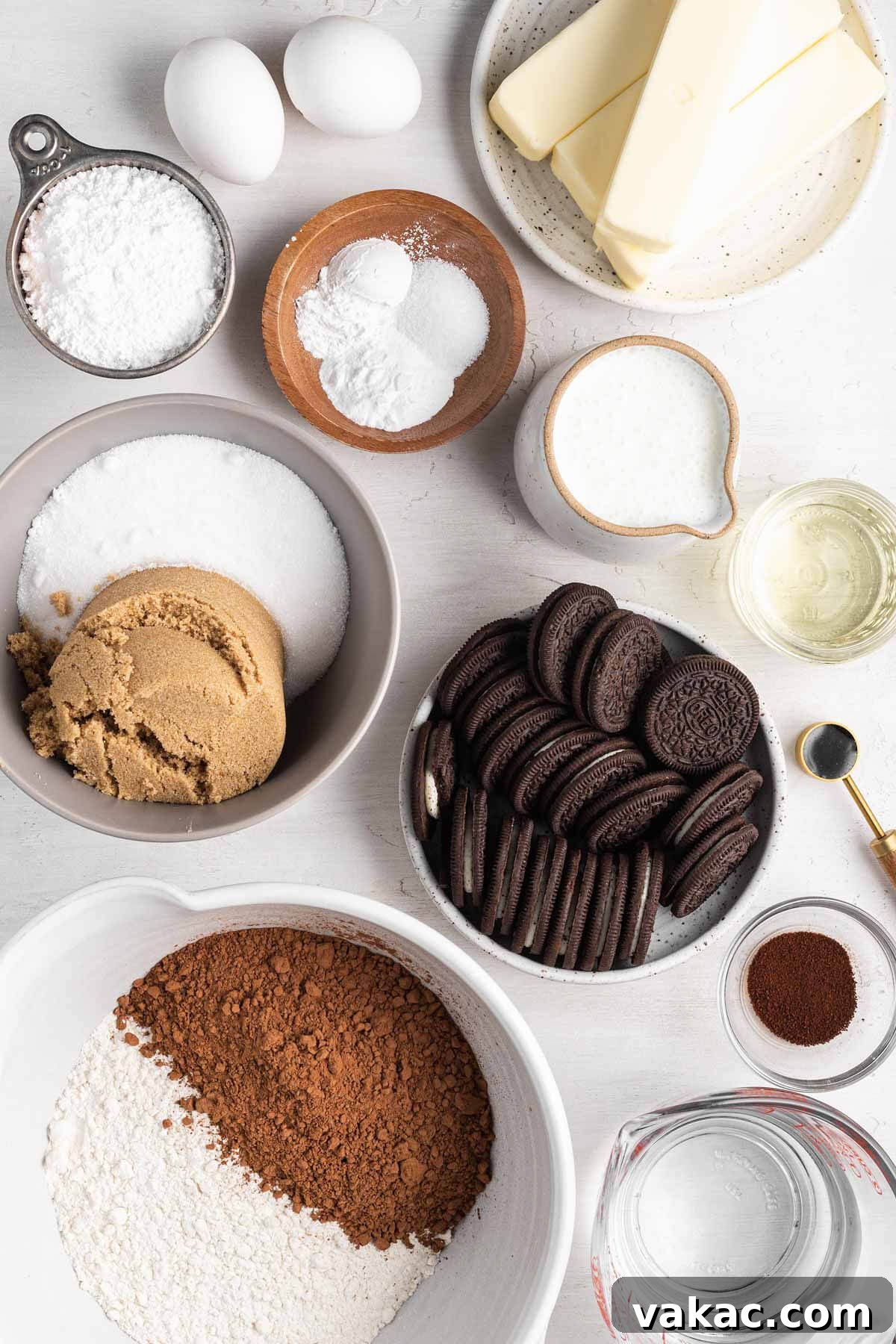 Cookies and Cream Dream Cake 3 An overhead view of the ingredients needed to make an Oreo cake.