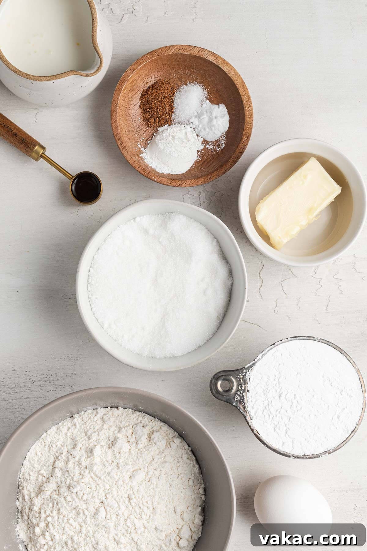 An overhead view of the ingredients needed to make this baked donut recipe. 