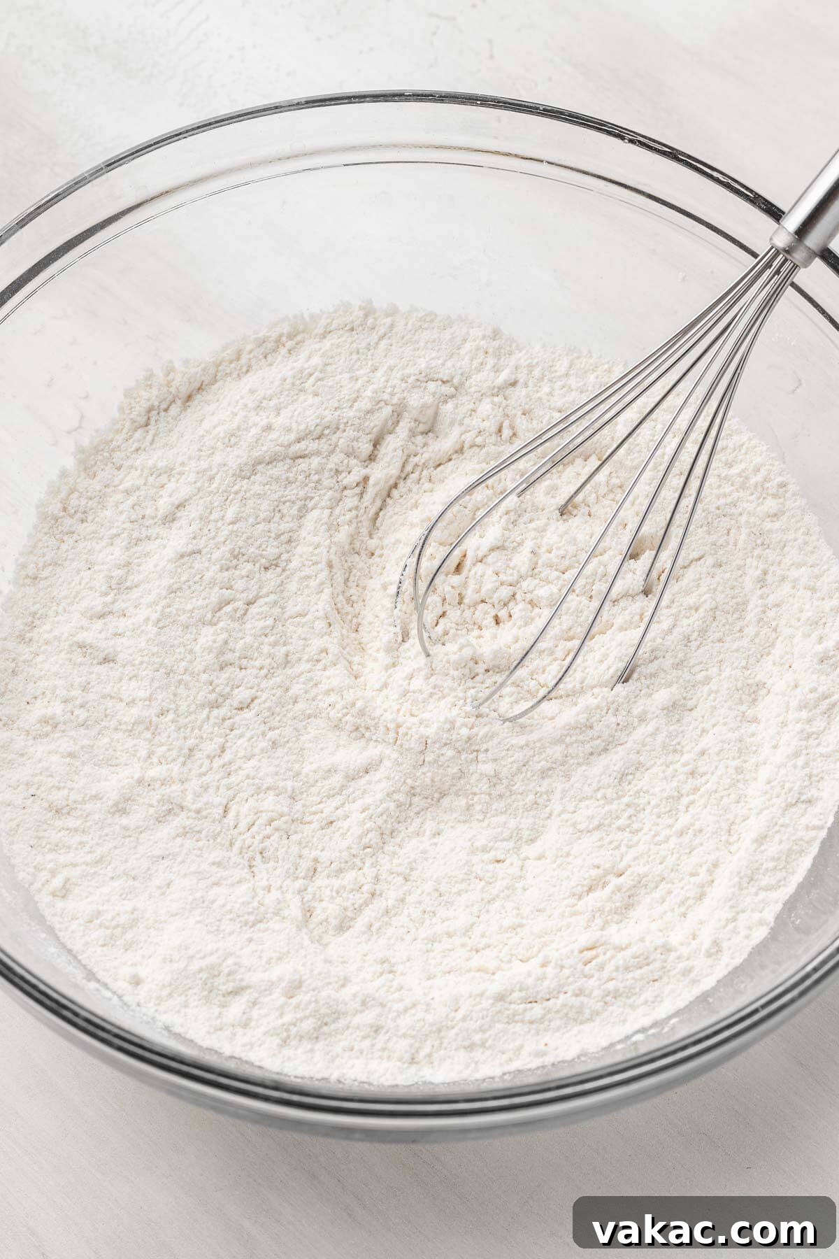An overhead view of the dry ingredients for donuts in a mixing bowl.