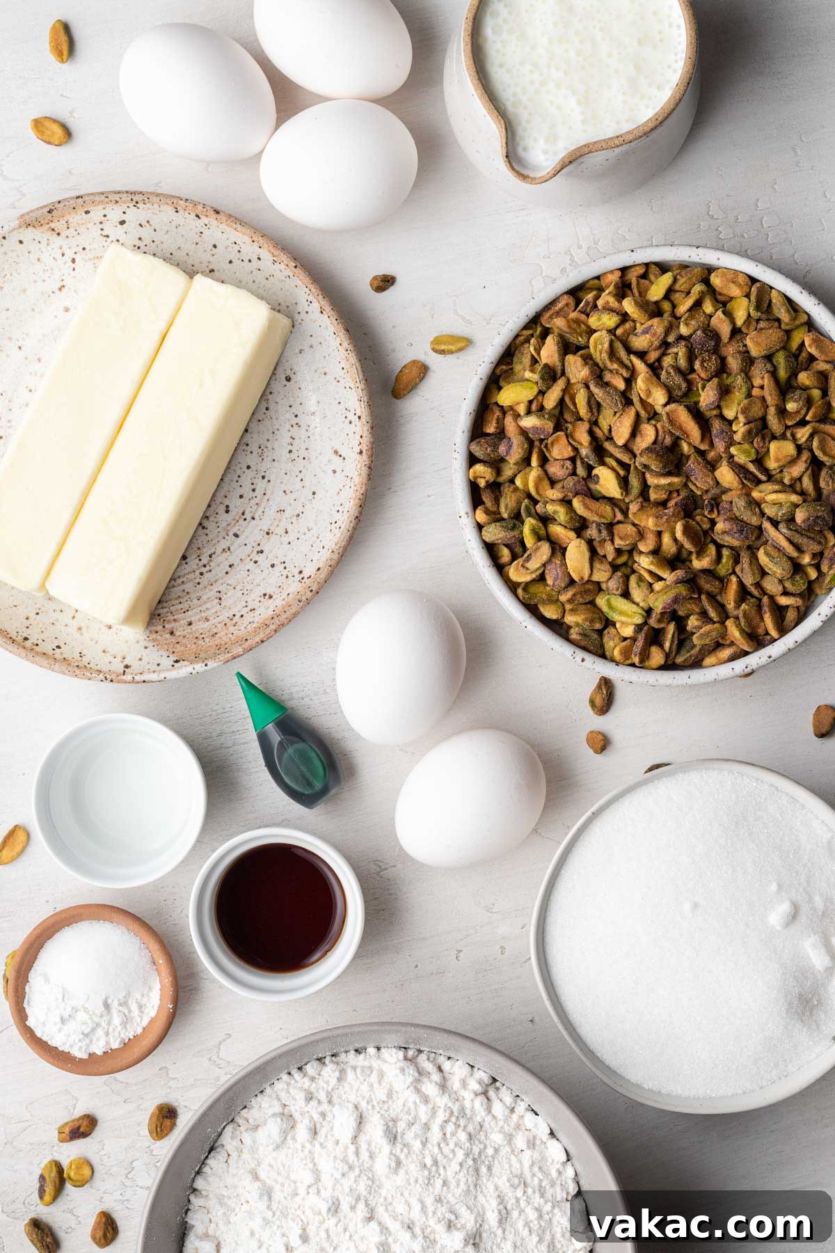 Velvet Pistachio Indulgence 3 An overhead view of the ingredients needed to make a pistachio cake.