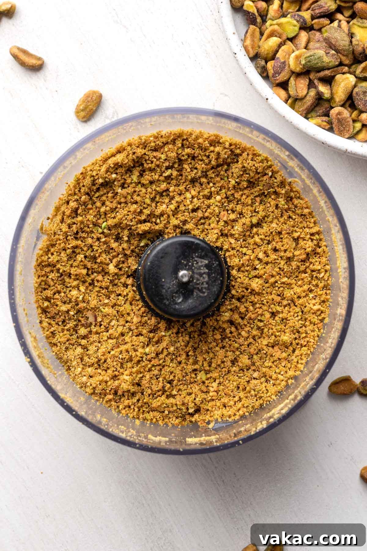 An overhead view of crushed pistachios in a food processor.