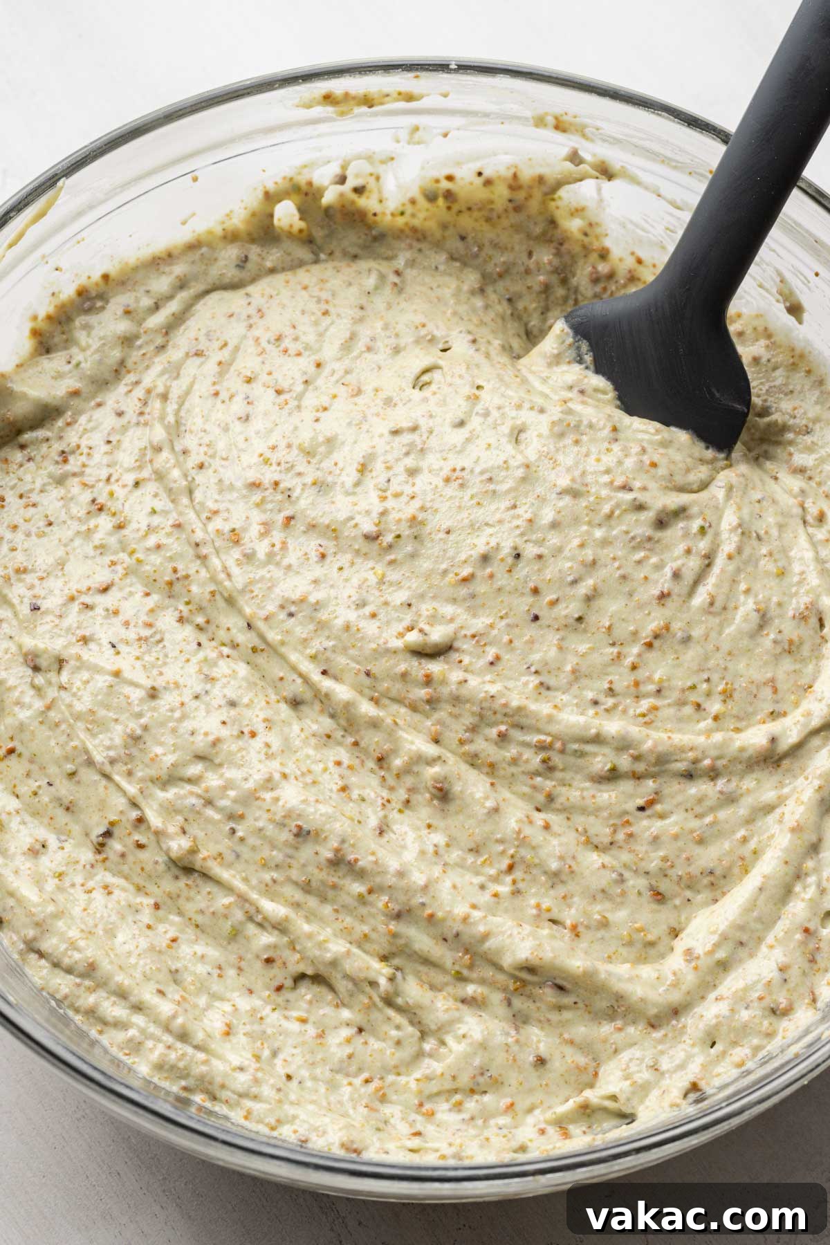 Overhead view of pistachio nut cake batter with a rubber spatula in a glass bowl.