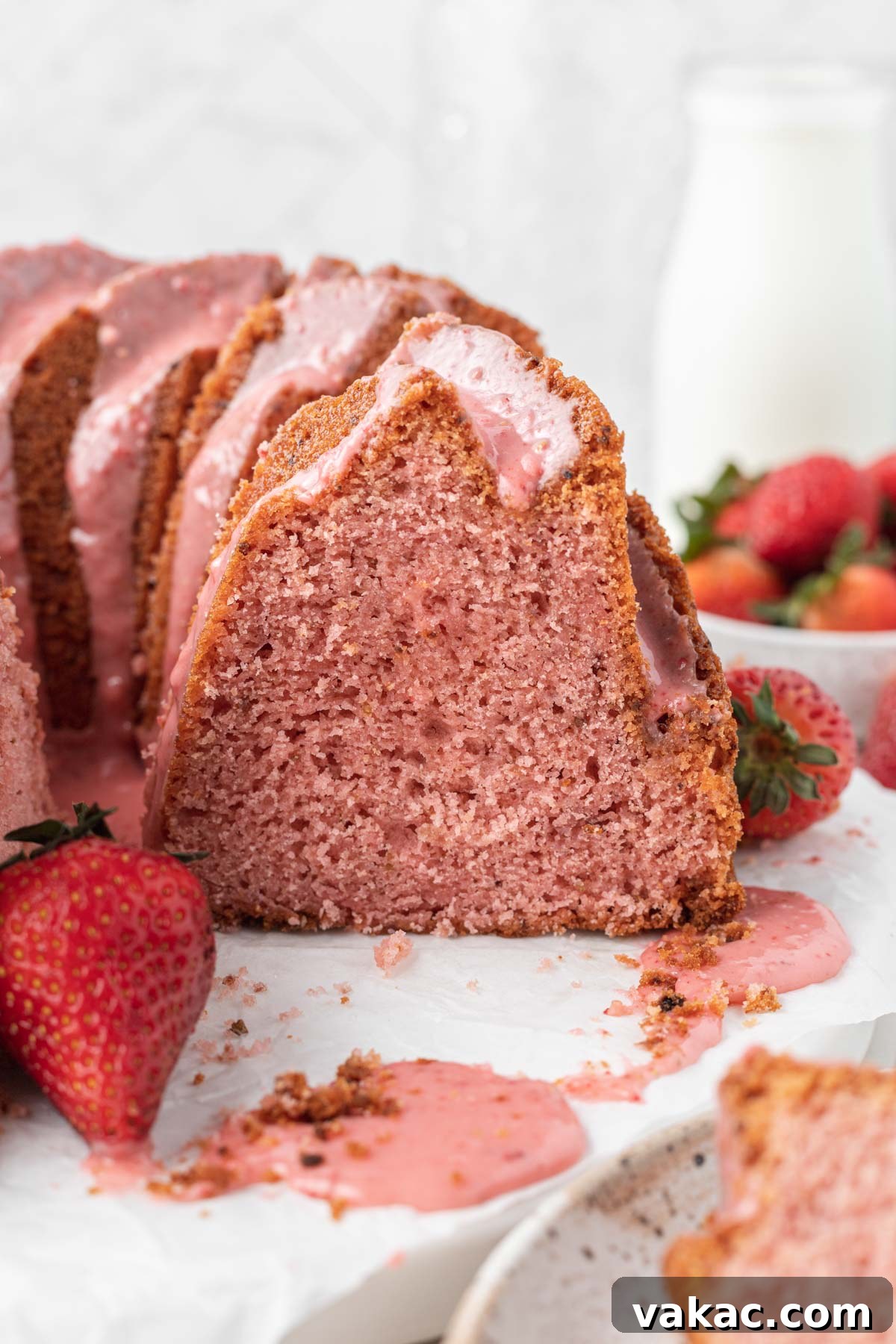 Strawberry Butter Cake 7 A side view of a sliced pound cake with strawberry glaze.