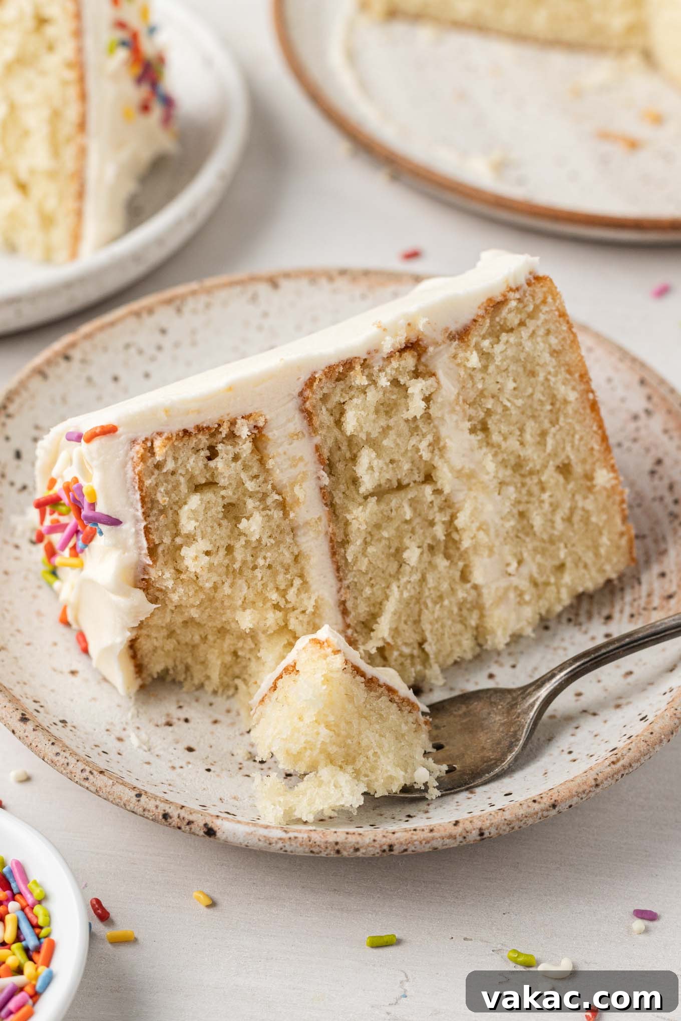 Petite Vanilla Perfection 10 A single, delectable slice of mini vanilla cake served on a speckled white dessert plate, ready to be enjoyed.