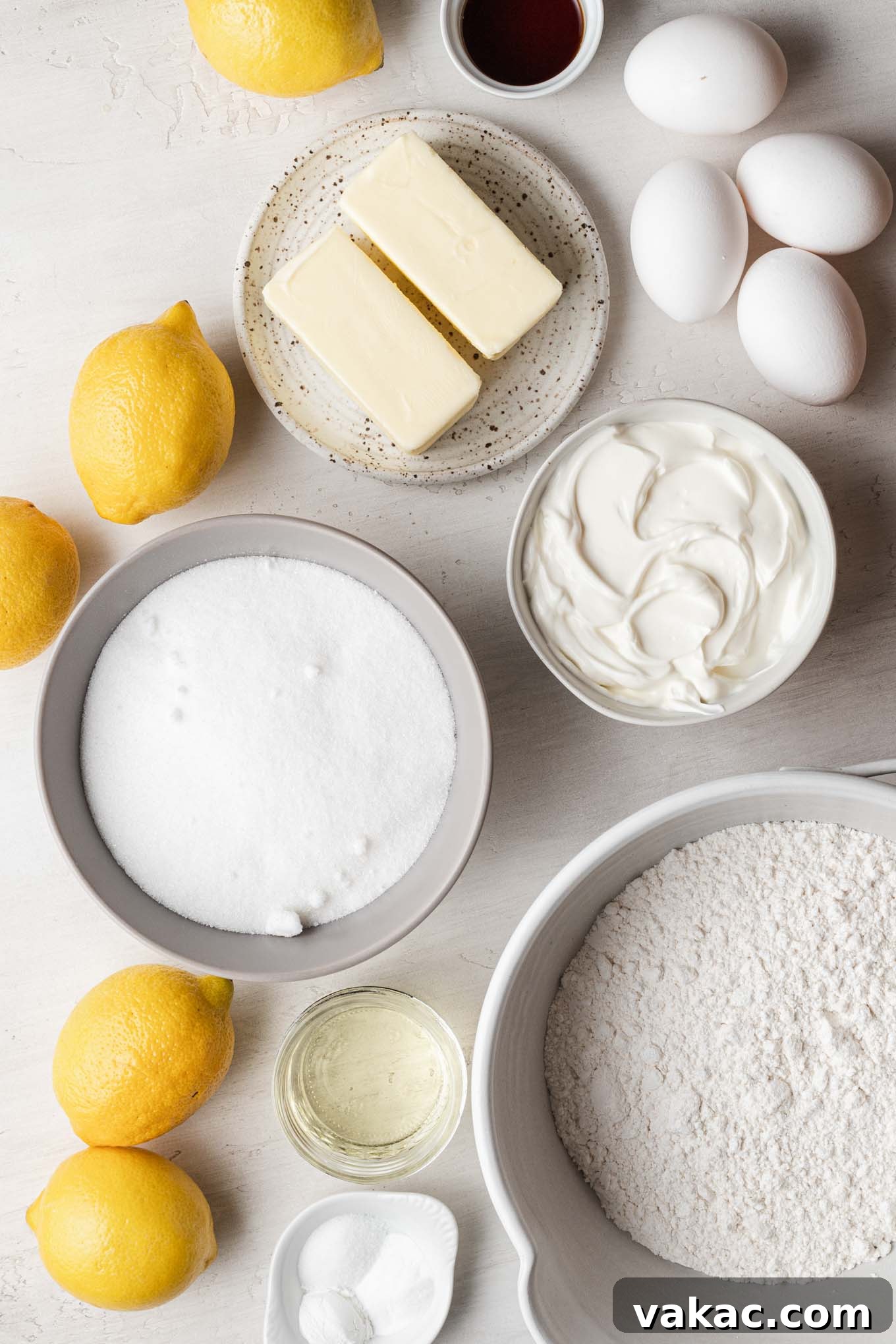 Sunshine Lemon Pound Cake 3 An overhead view of the ingredients needed to make a lemon glazed pound cake.