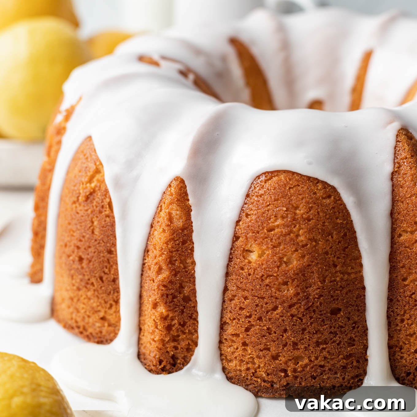 A lemon pound cake topped with lemon icing.