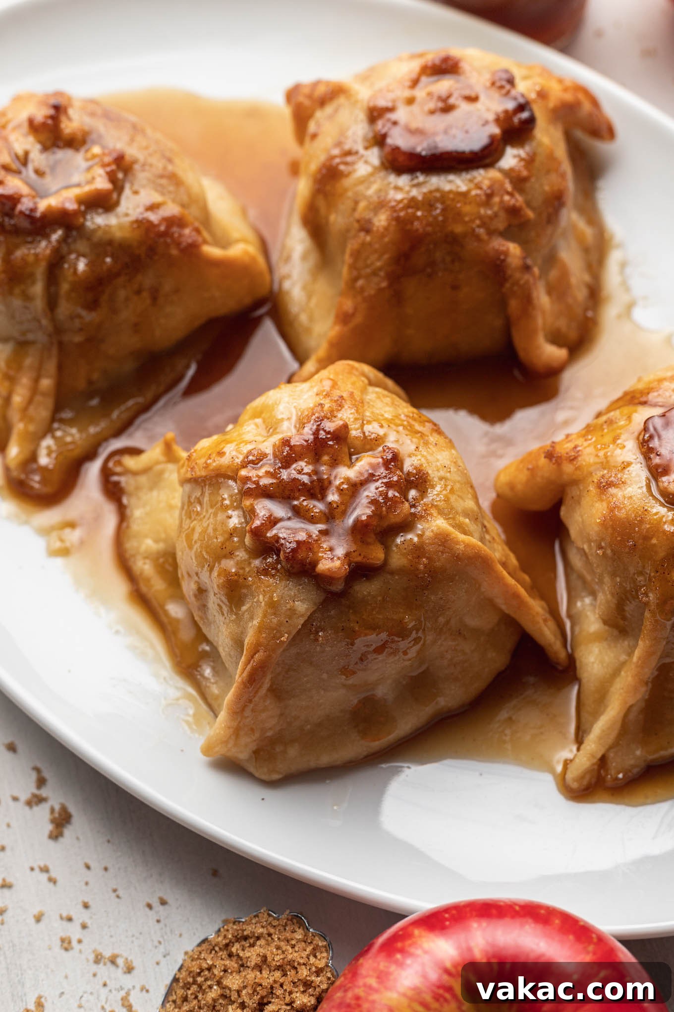 Golden Apple Delights 2 Four homemade apple dumplings with sauce on a white platter.