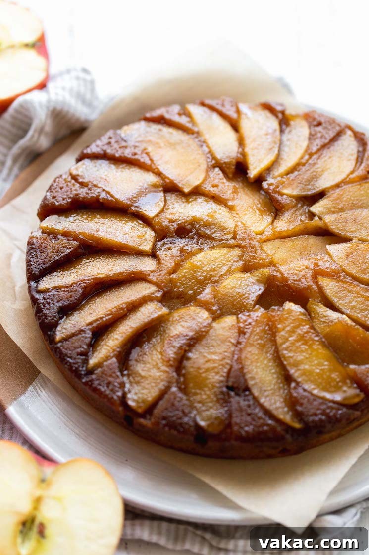 Caramel Apple Flip Cake 4 A close up image of an apple upside-down cake showing the caramelized apple topping.