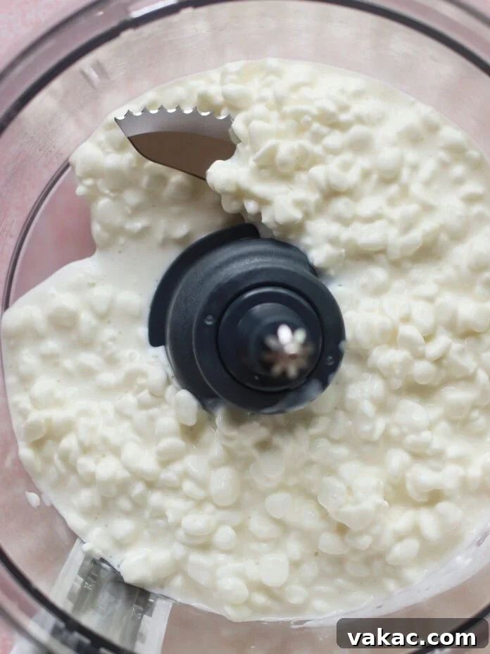 Close-up photograph of cottage cheese resting in the bowl of a food processor, equipped with a metal blade attachment, poised for blending. The food processor is situated on a soft, light pink surface, highlighting the simplicity and readiness of the preparation process.