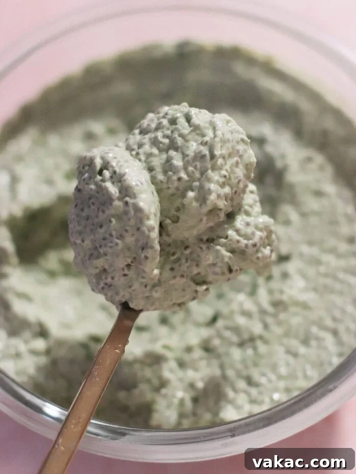 Quick High Protein Matcha Chia Pudding with Yogurt 5 A close-up of a spoon holding a thick, green chia pudding above a glass bowl filled with more of the same chia pudding. The texture appears creamy and slightly lumpy.