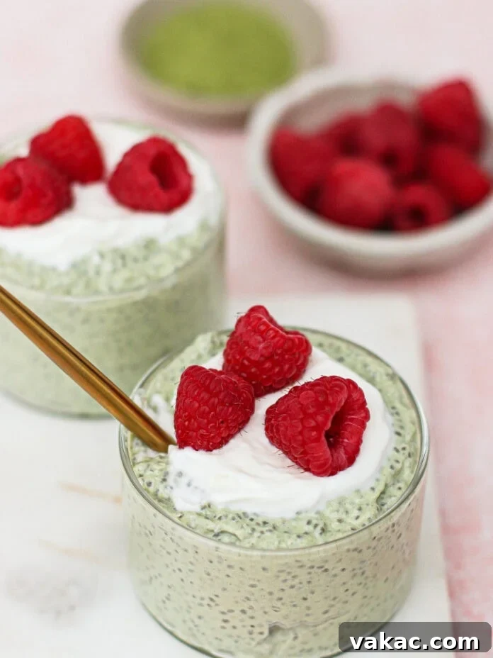 Quick High Protein Matcha Chia Pudding with Yogurt 7 Two glass cups filled with green chia pudding, topped with a dollop of whipped cream and fresh raspberries. A gold spoon rests in one cup. In the background, out-of-focus bowls contain raspberries and green powder.
