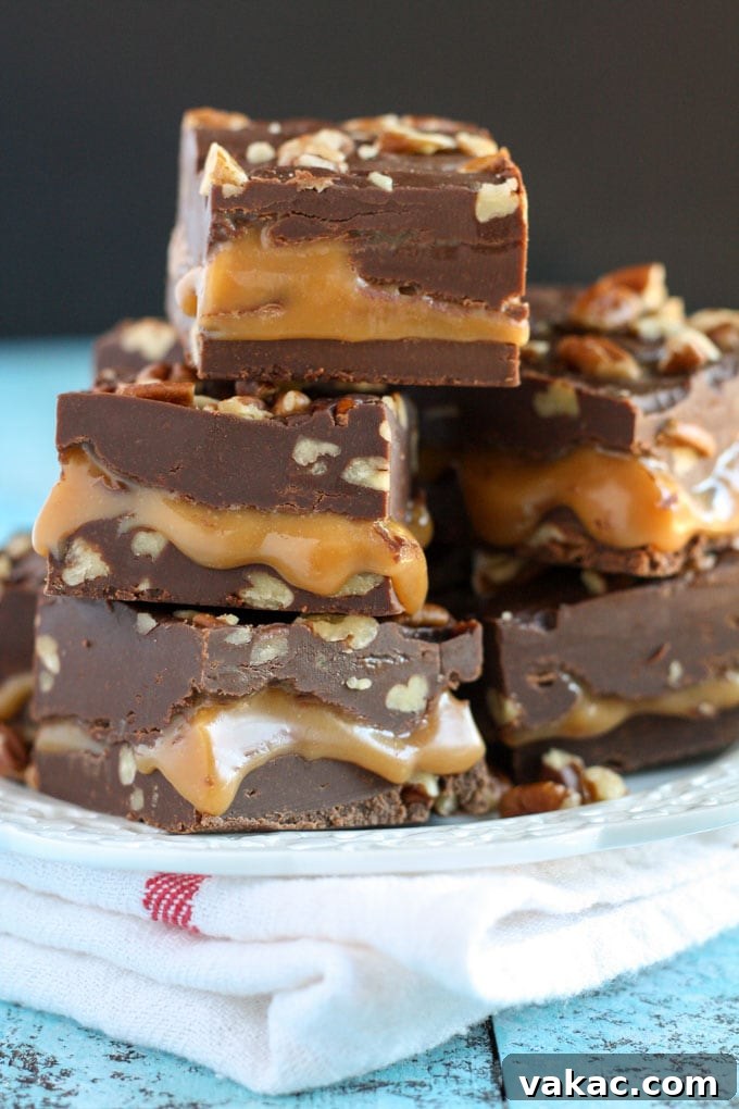 Turtle Fudge Fun and Freebies 3 An easy chocolate fudge recipe with a caramel center and chopped pecans. Everyone will love this Turtle Fudge!