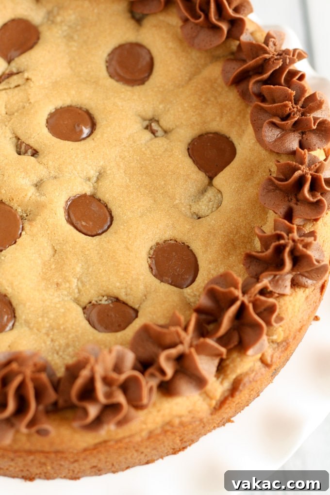 Ultimate Peanut Butter Cup Cookie Cake 3 A stunning, large homemade cookie cake lavishly topped with swirls of rich chocolate frosting, showcasing its delightful texture and appealing presentation.