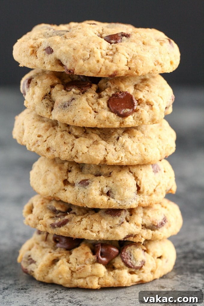 Just Enough Oatmeal Chocolate Chip Cookies 3 Close-up of a stack of warm Small Batch Oatmeal Chocolate Chip Cookies, showcasing gooey melted chocolate chips