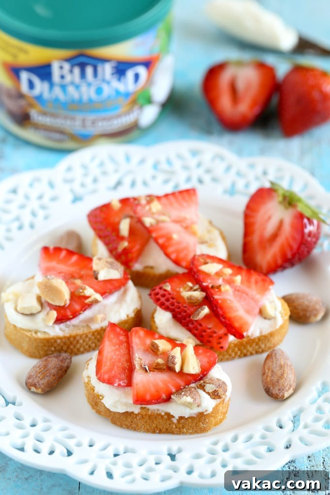 Goat Cheese Crostini with Strawberries, Honey & Toasted Almonds 4 These Strawberry, Almond, and Honey Goat Cheese Crostini are so easy to make and perfect for summer!