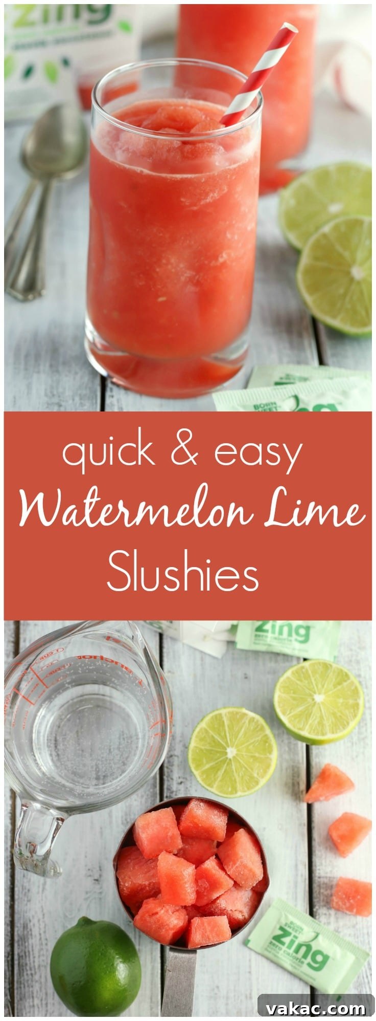 Zesty Watermelon Freeze 6 Several glasses of freshly made watermelon lime slushies served on a rustic wooden board with scattered lime wedges and watermelon cubes, perfect for a summer gathering.
