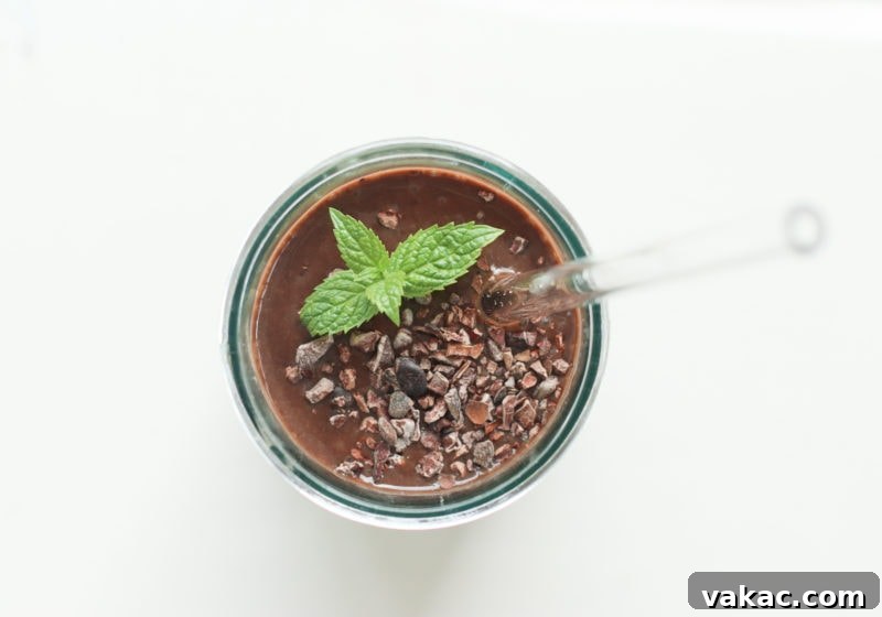 Dark Mint Power Sip 2 A vibrant mint chocolate protein smoothie in a glass with a straw, garnished with fresh mint leaves and cacao nibs. A truly healthy and delicious vegan breakfast or snack option.