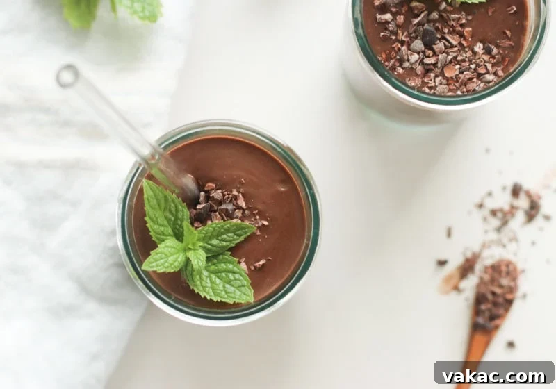 Dark Mint Power Sip 4 Another view of the delicious mint chocolate black bean smoothie, emphasizing its appealing presentation and highlighting its healthy, plant-based ingredients.