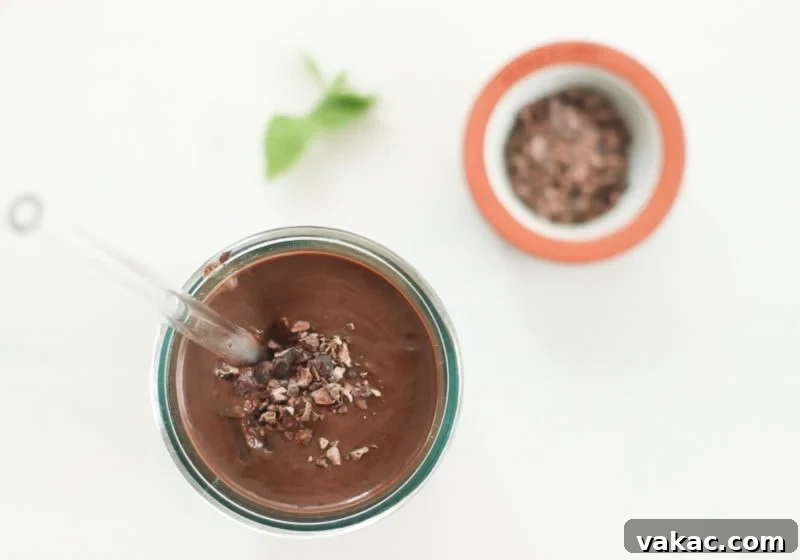Dark Mint Power Sip 5 An overhead view of a dark chocolate smoothie in a cup with a glass straw and a small bowl of cacao nibs beside it. A piece of fresh mint is blurred in the background. This high-protein vegan smoothie recipe is by Lindsay Pleskot Dietitian.