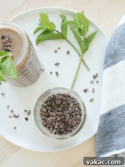A tall glass of Mint Chocolate Black Bean Smoothie, ready to be enjoyed. A perfect plant-based protein boost for any time of day.