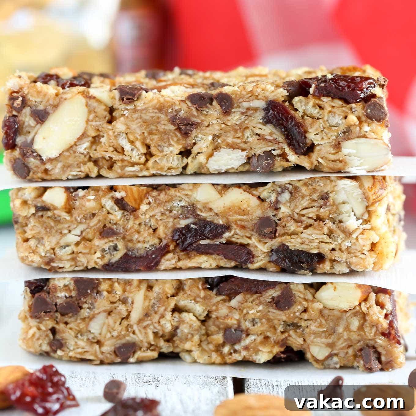 Homemade No-Bake Chocolate Cherry Almond Granola Bars, a healthy and quick snack option.