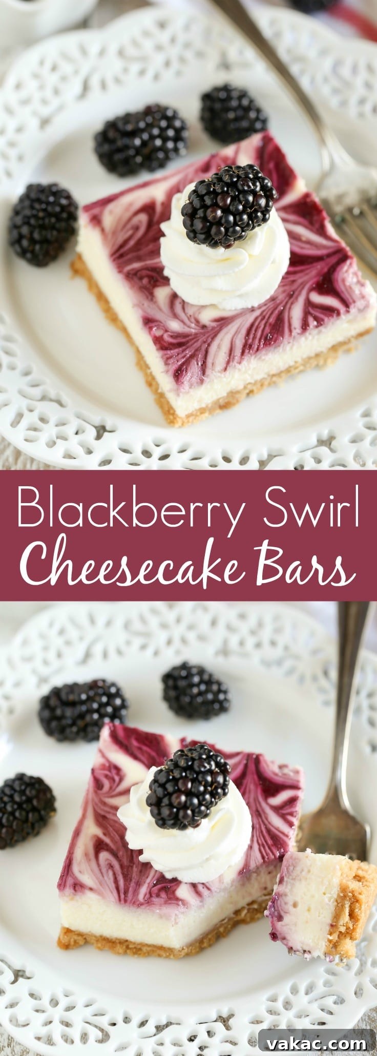 A homemade graham cracker crust topped with a smooth and creamy cheesecake filling and blackberry swirl. These Blackberry Swirl Cheesecake Bars make a gorgeous and delicious dessert!