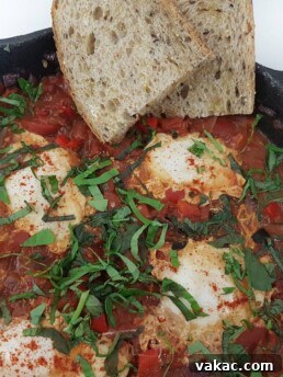 Shakshuka (Eggs in Purgatory) with fresh herbs and a rich tomato base.