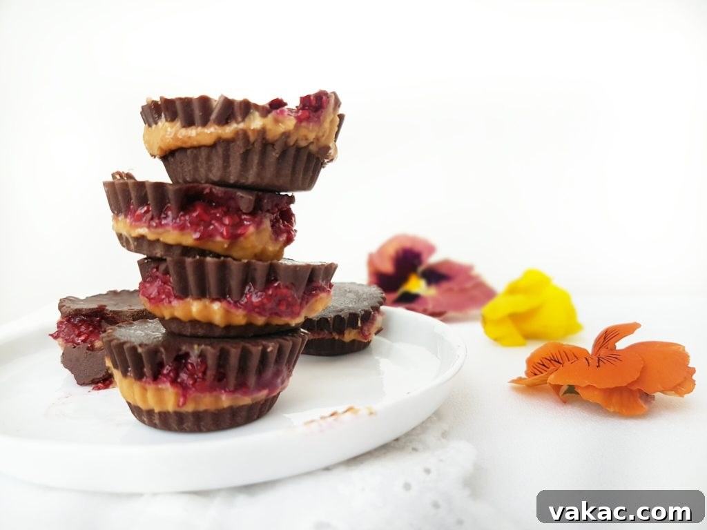 Ultimate PB&J Chocolate Cups 2 Close-up of freshly made Chocolate PB & J Cups, highlighting the smooth chocolate and the inviting texture of the peanut butter and jam layers.