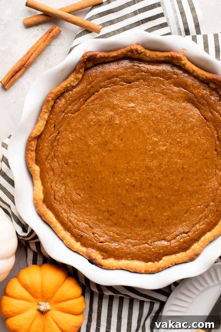 Autumn's Golden Slice 2 An overhead view of a homemade pumpkin pie in a white pie plate, surrounded by mini pumpkins and cinnamon sticks. The pie is perfectly golden with crimped edges.