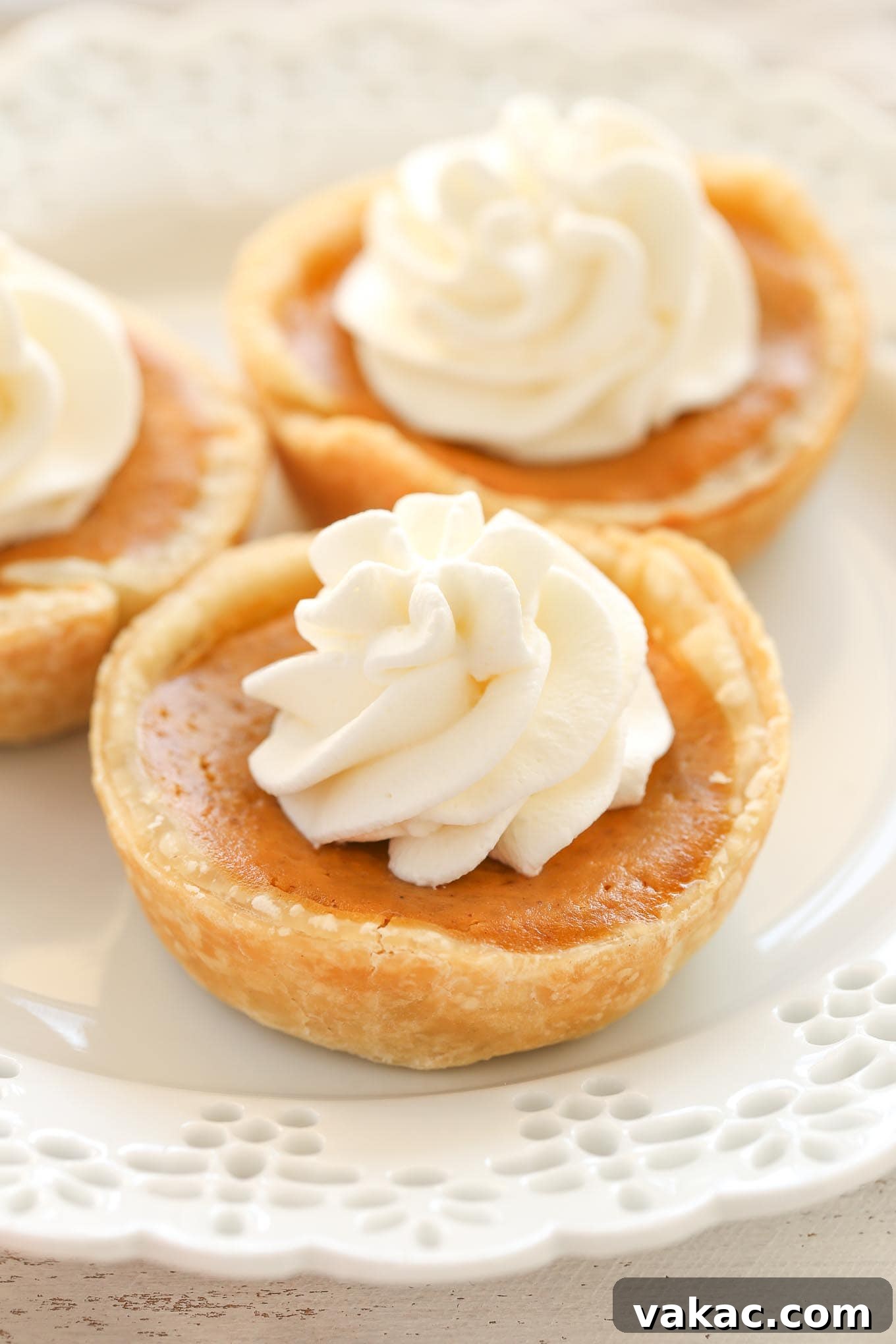 Tiny Pecan Treasures 7 Festive mini pumpkin pies with whipped cream topping, baked in a muffin pan, a delightful Thanksgiving treat.