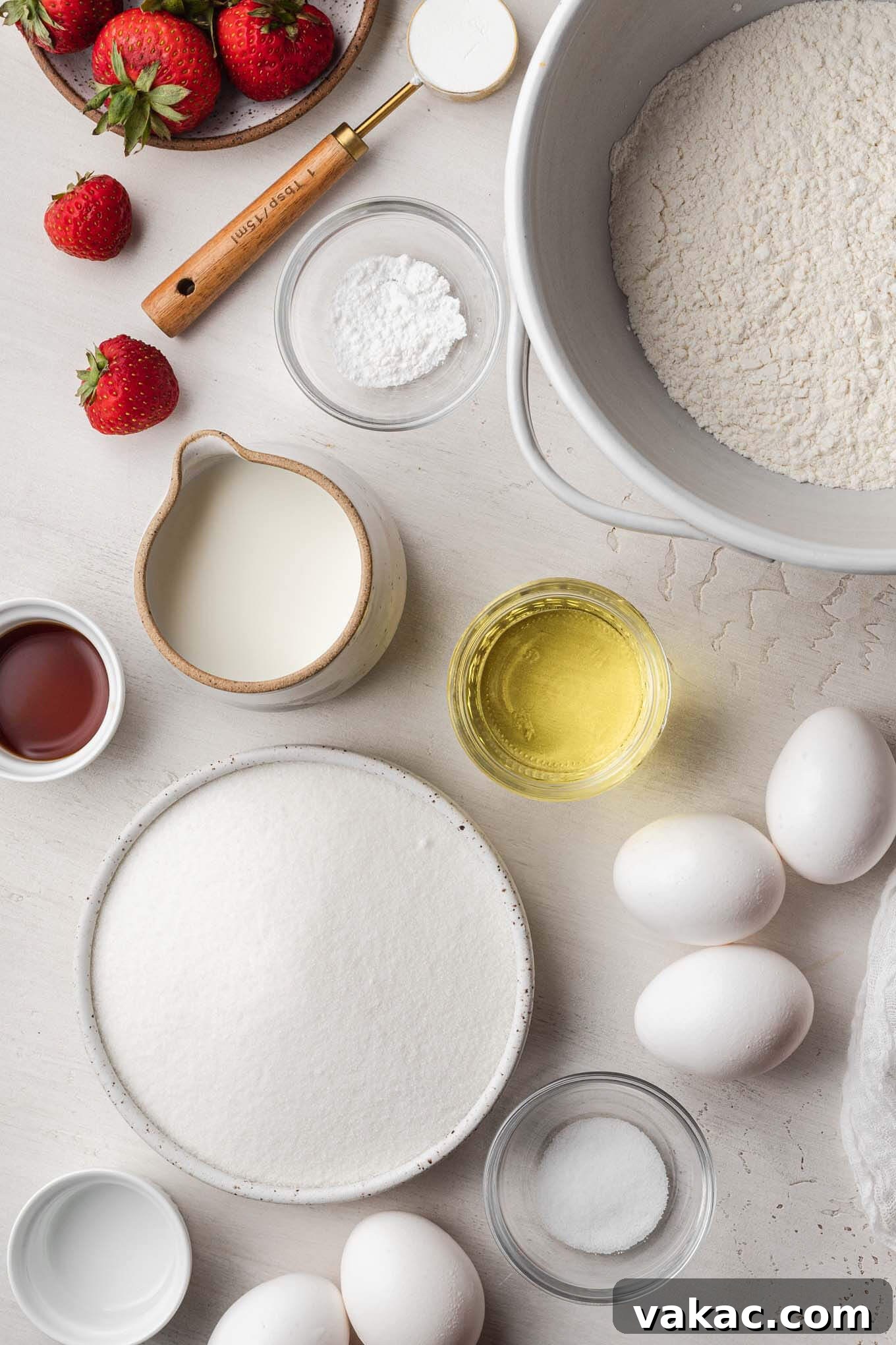 Overhead view of essential ingredients for preparing a delicious vanilla chiffon cake, neatly arranged on a clean surface.