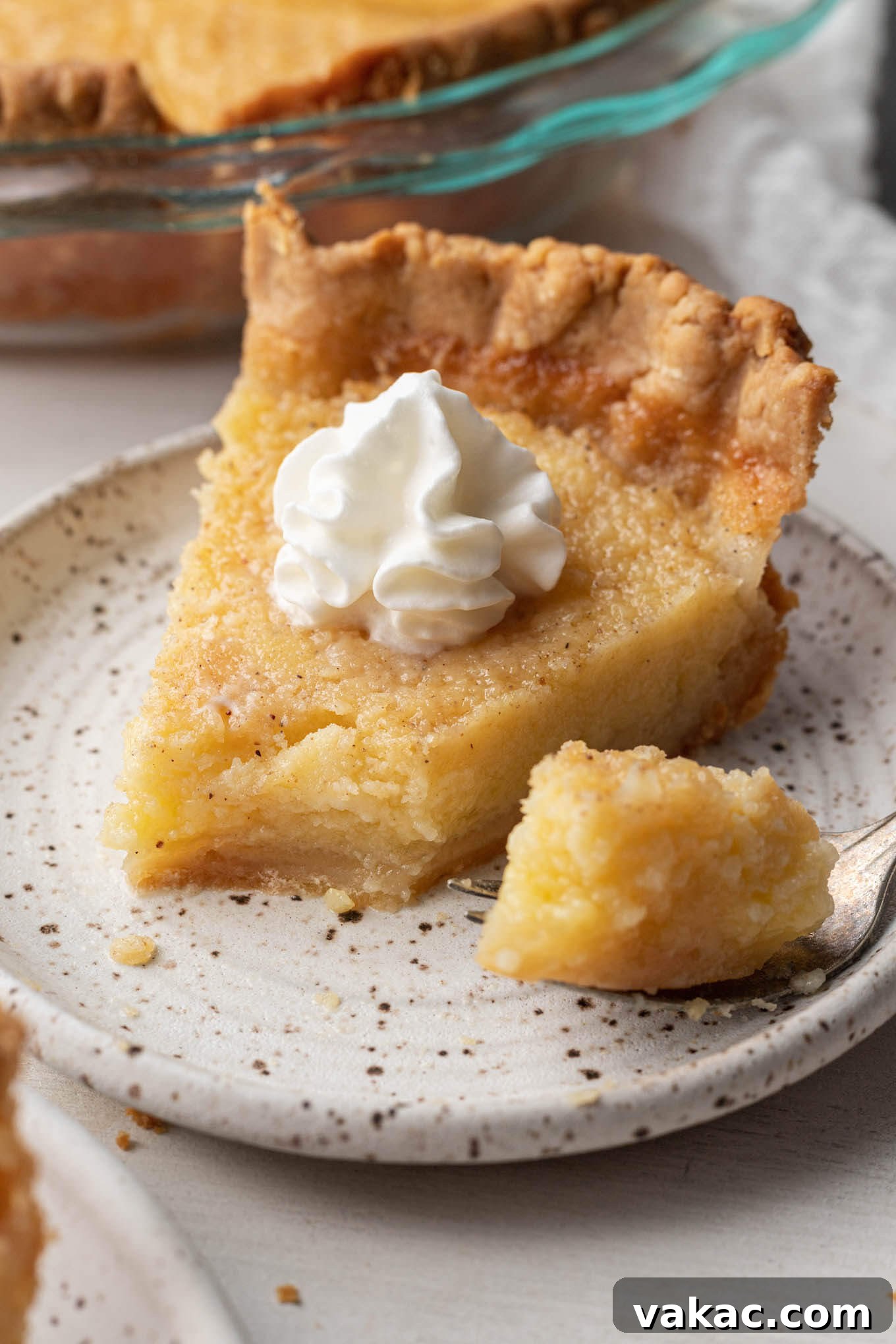 Southern Sunshine Pie 7 A close-up view of a perfect slice of buttermilk pie, showcasing its smooth custard and golden crust, with a bite taken and resting on a fork.