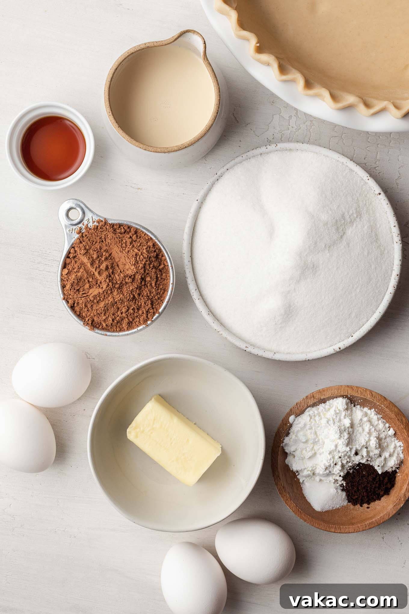 Decadent Chocolate Dream Pie 3 An overhead view of the ingredients needed to make chocolate chess pie.