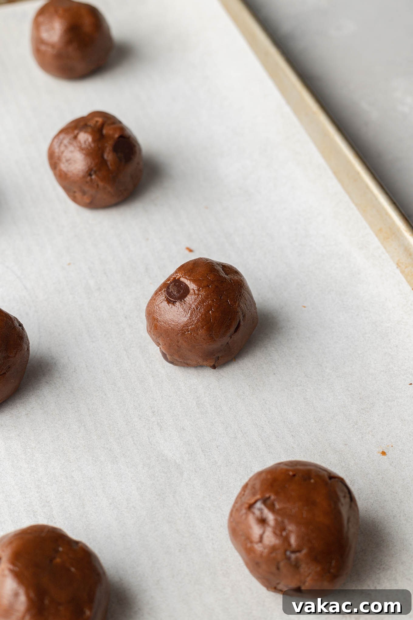 Irresistible Flourless Almond Butter Cookies 6 A parchment paper-lined baking sheet covered with uniformly scooped balls of almond butter cookie dough, ready to be baked into golden delights.