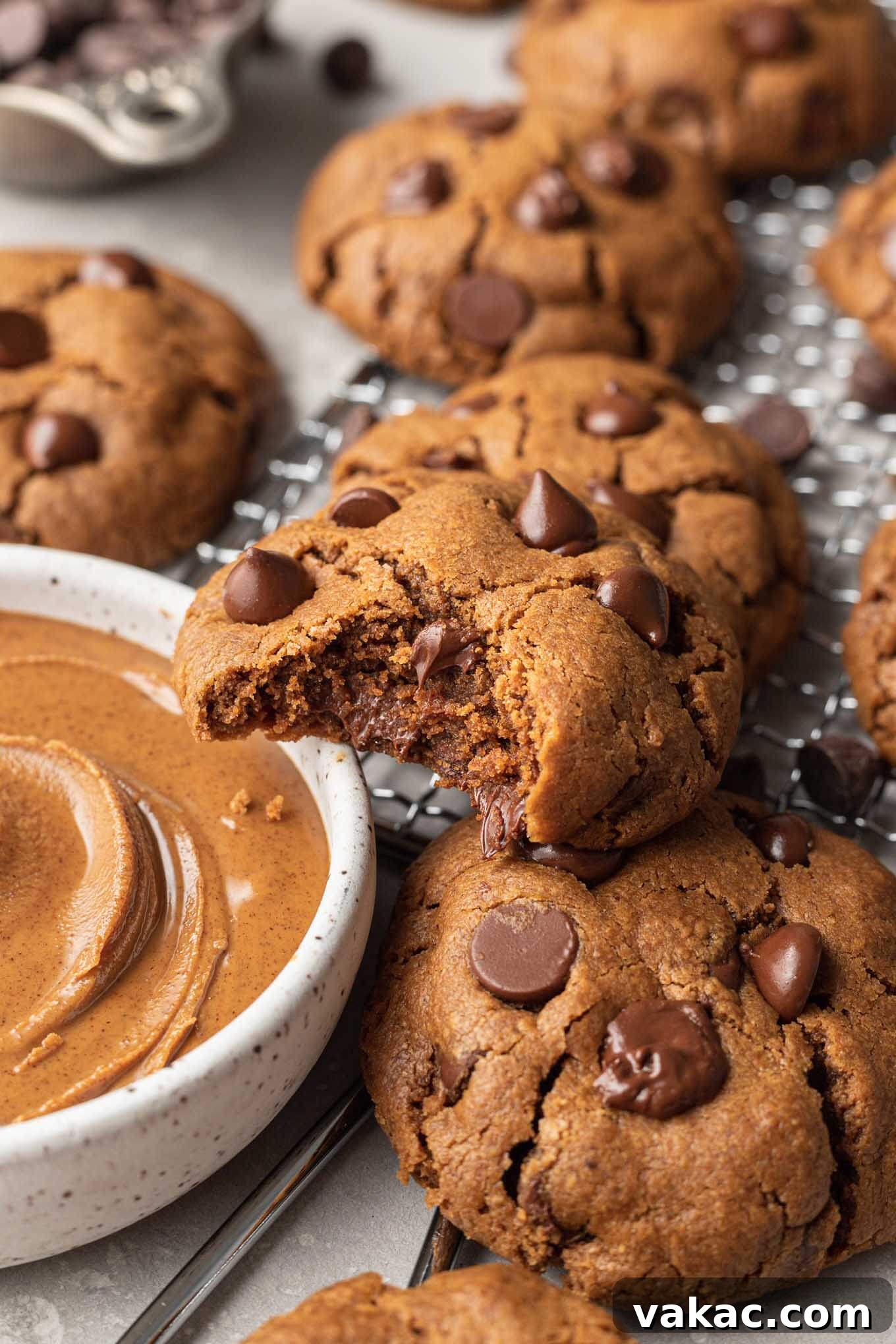 Irresistible Flourless Almond Butter Cookies 8 A close-up, appetizing view of a perfectly baked almond butter cookie with a bite missing, resting invitingly on a small dish of creamy almond butter, highlighting its soft texture and inviting chewiness.