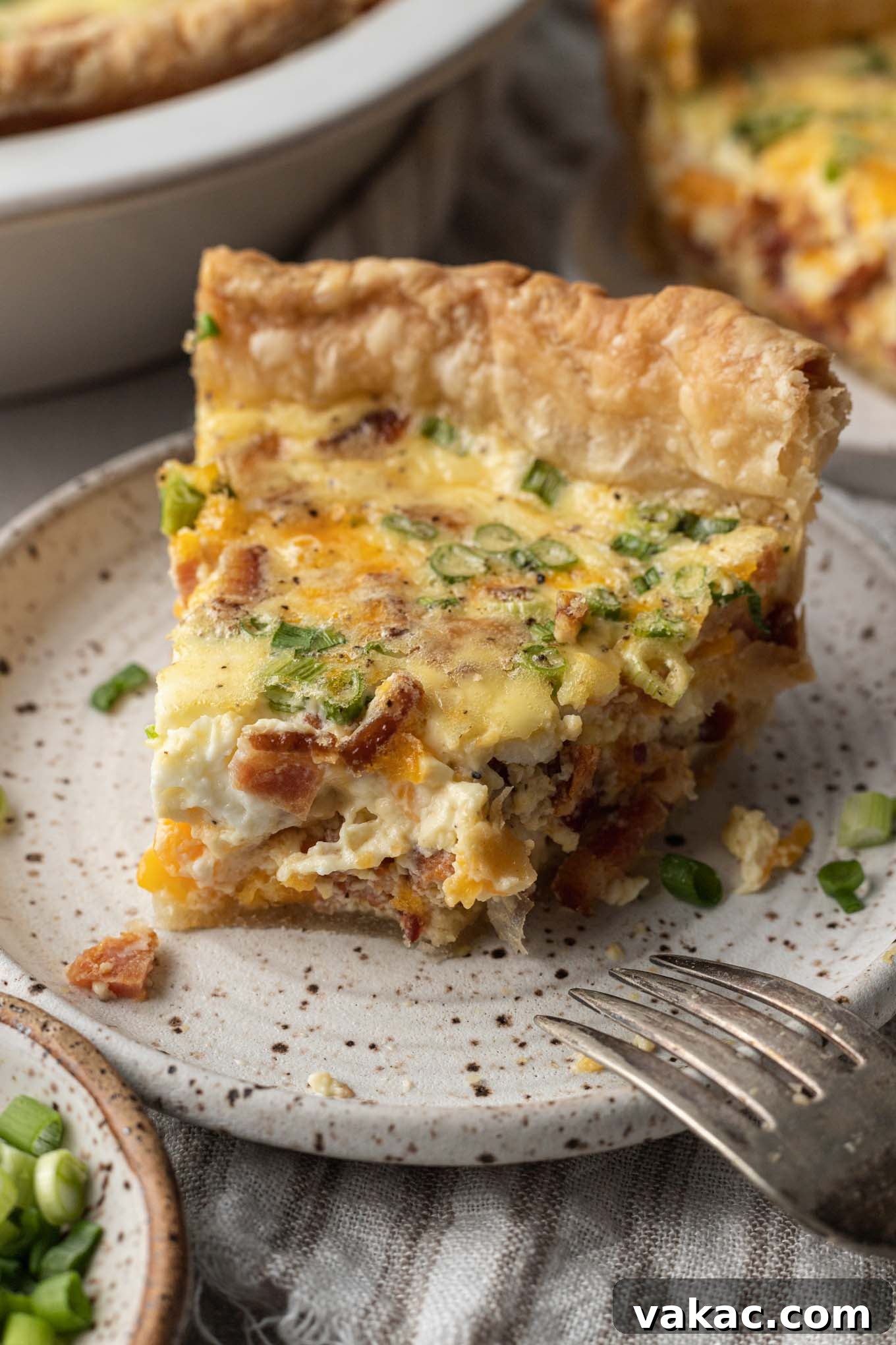 Quiche Made Simple 10 A slice of quiche with a bite missing, on a speckled plate.