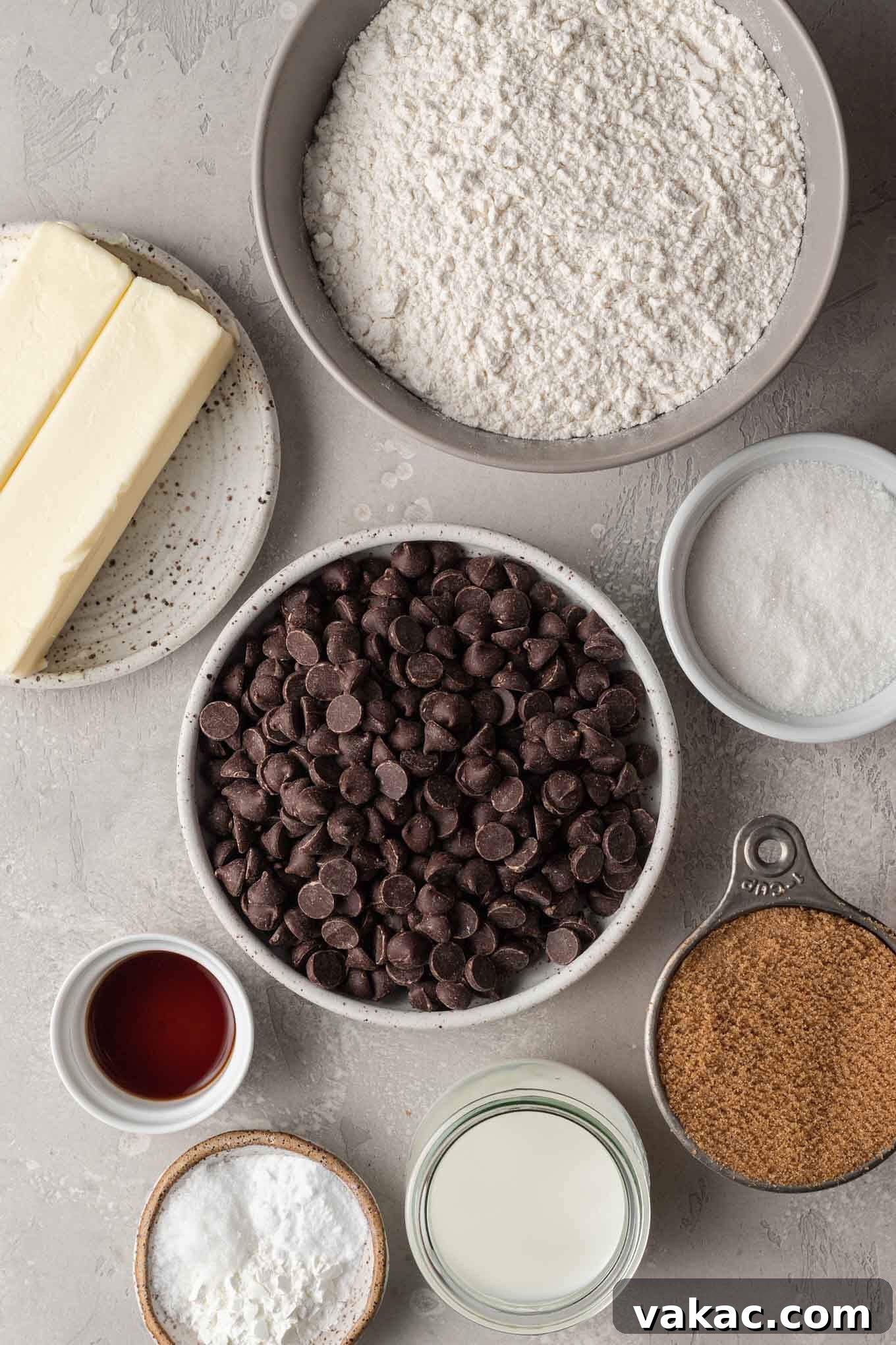 Egg-Free Chocolate Chip Bliss 3 An overhead view of the ingredients to make chocolate chip cookies without eggs.