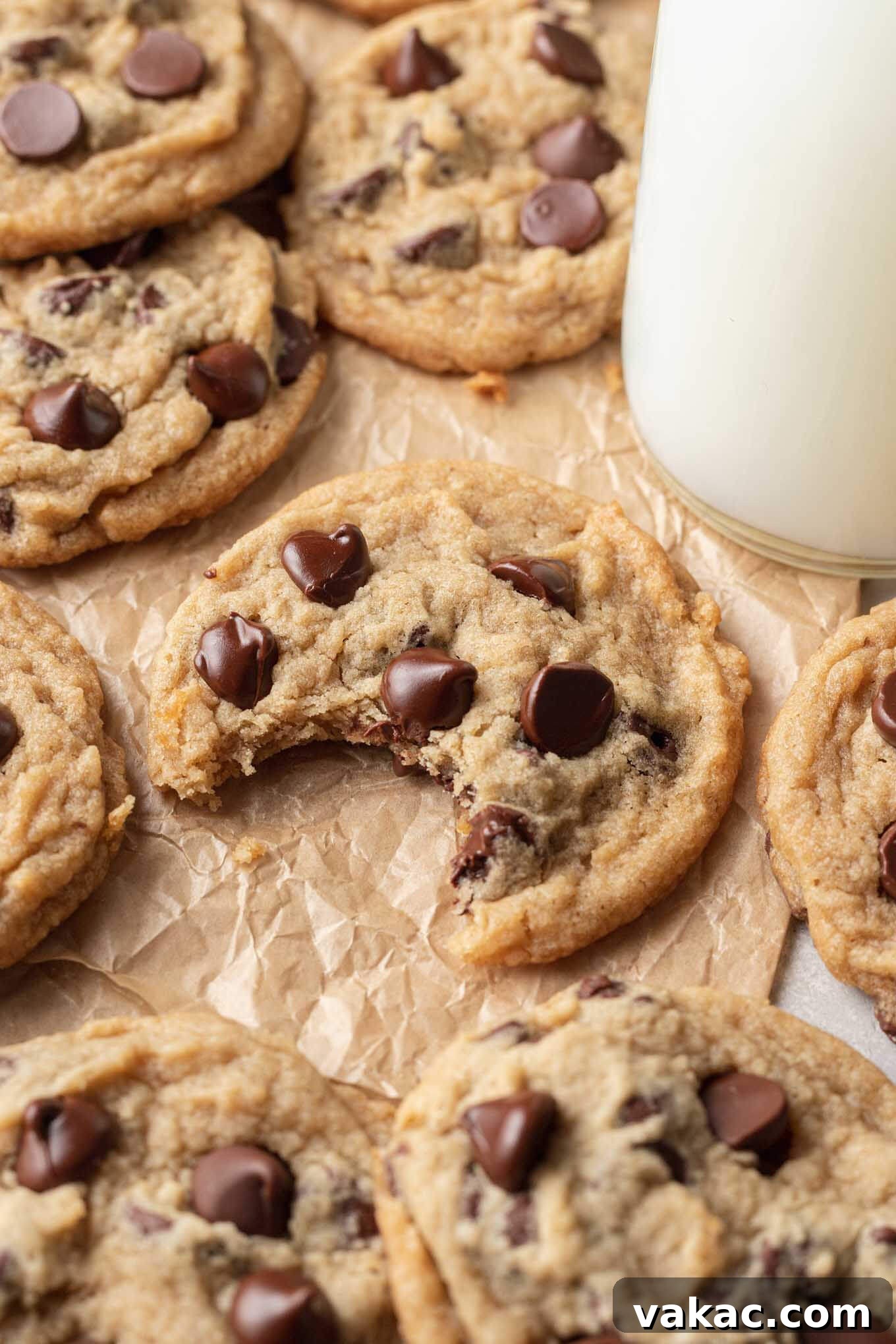 Egg-Free Chocolate Chip Bliss 8 Eggless chocolate chip cookies surrounding a glass of milk. The center cookie has a bite missing.